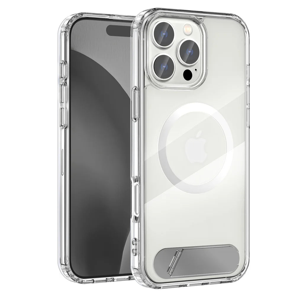 Luxury Metal Stand Clear Magnetic Phone Case For iPhone 16 13 14 15 Pro Max Folding Invisible Bracket Shockproof Protector Cover