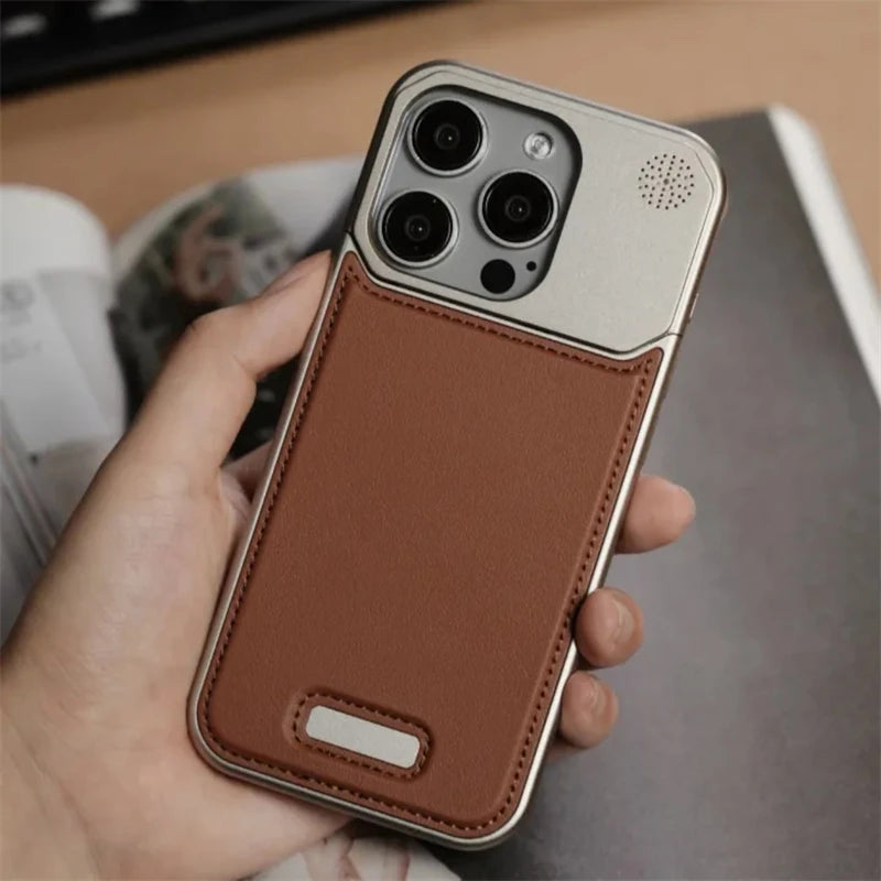 Aluminum Alloy Leather Magnetic Phone Case For iPhone 16 16pro 15 14 Pro Max Wireless Charging Metal Frameless Shockproof Cover