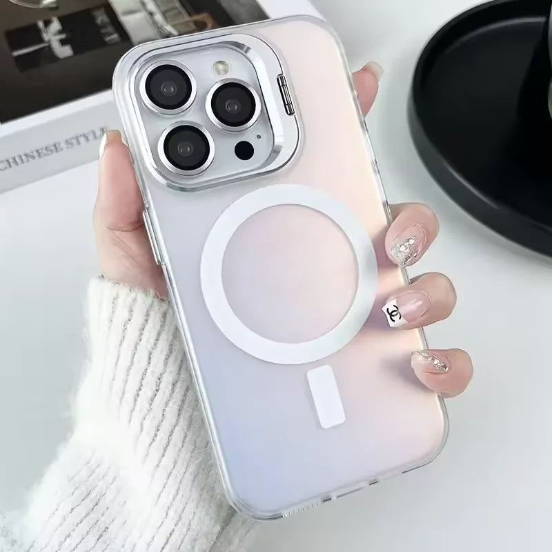 Gradient Metal Lens Holder Magsafe Phone Case for IPhone 16 15 14 Plus 13 12 Pro Max Back Lens Glass Film Matte PC Hard Cover