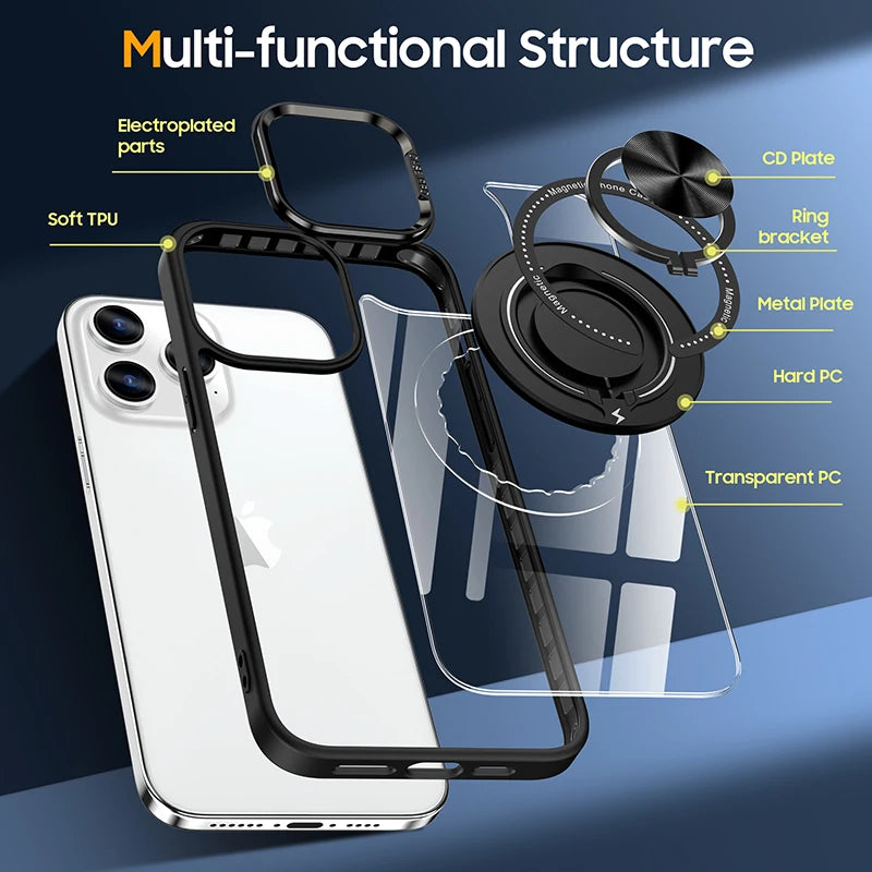 Metal Ring Magnetic Bracket Wireless Charging Phone Case for iPhone 16 15 14 Pro Max