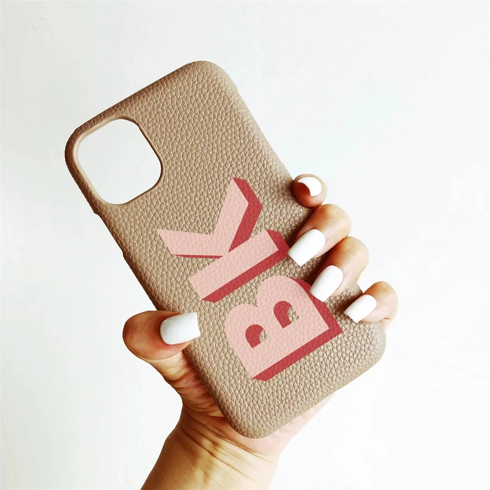 Personalized iPhone Case Monogram Initial Letter Leather Case For iPhone 15 14 13 12 11 Pro Max XS XR 7 8Plus Luxury Phone Cover - Caseverse