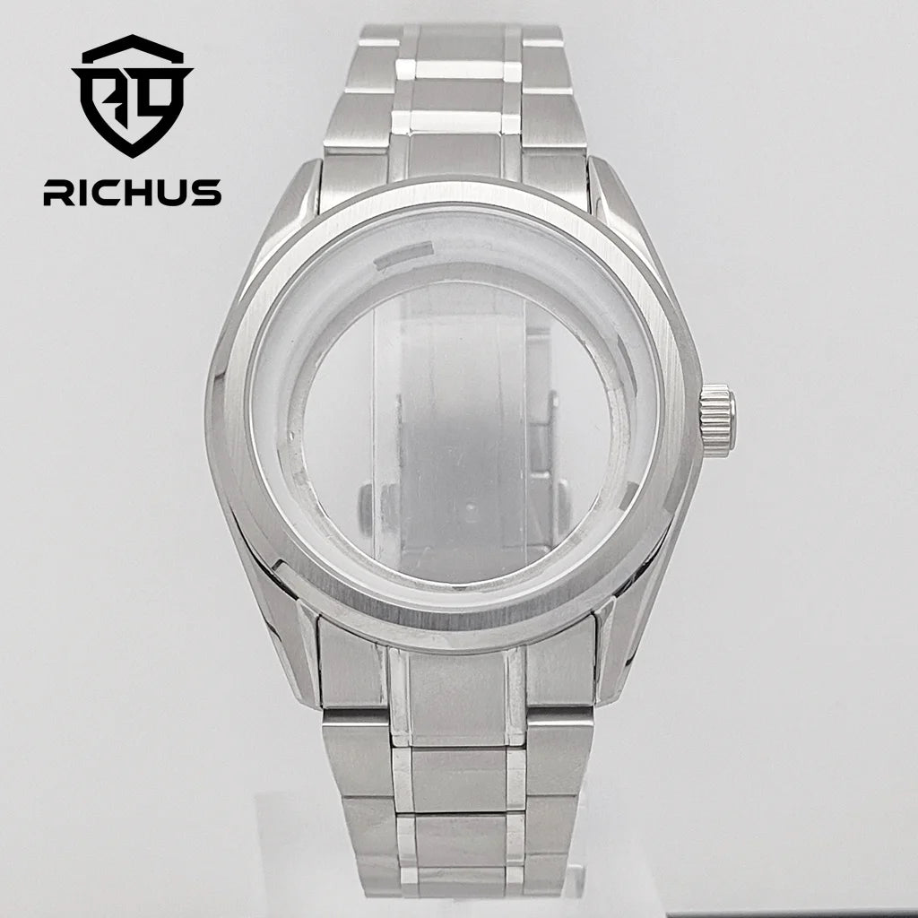 RICHUS NH35 Watch case 40mm silver watch case sapphire glass with strap Fit NH34 NH35 NH36 Movement