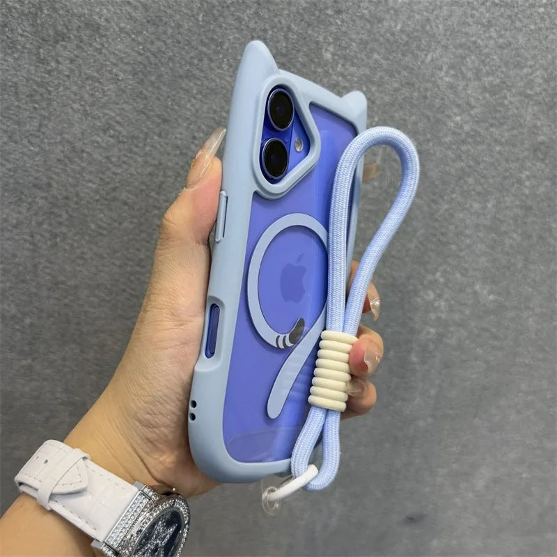 Cute Cat Ear Magsafe Case for iPhone 13 14 15 16 Pro Max 11 12 15 16 Plus Transparent PC TPU Armor Cover with Wrist Strap Chain - Caseverse