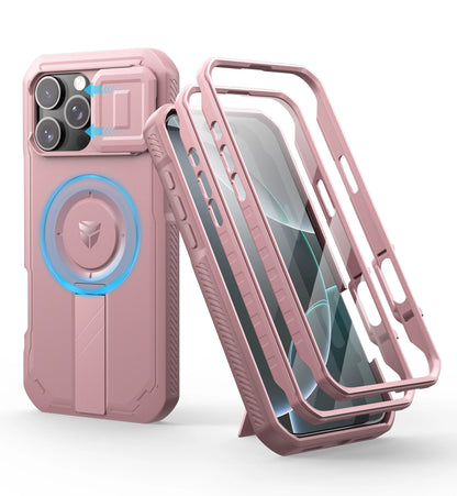 For iPhone 16 Pro Max Rugged Armor Shockproof Case with Built-in Sliding Camera Cover and Built-in Screen Protector Kickstand - Caseverse