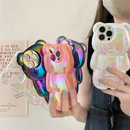 Stylish laser luxury cute 3D Bear shockproof phone case for iPhone 11 14 12 13 14 15 Pro Max Soft silicon anti-drop bumper cover