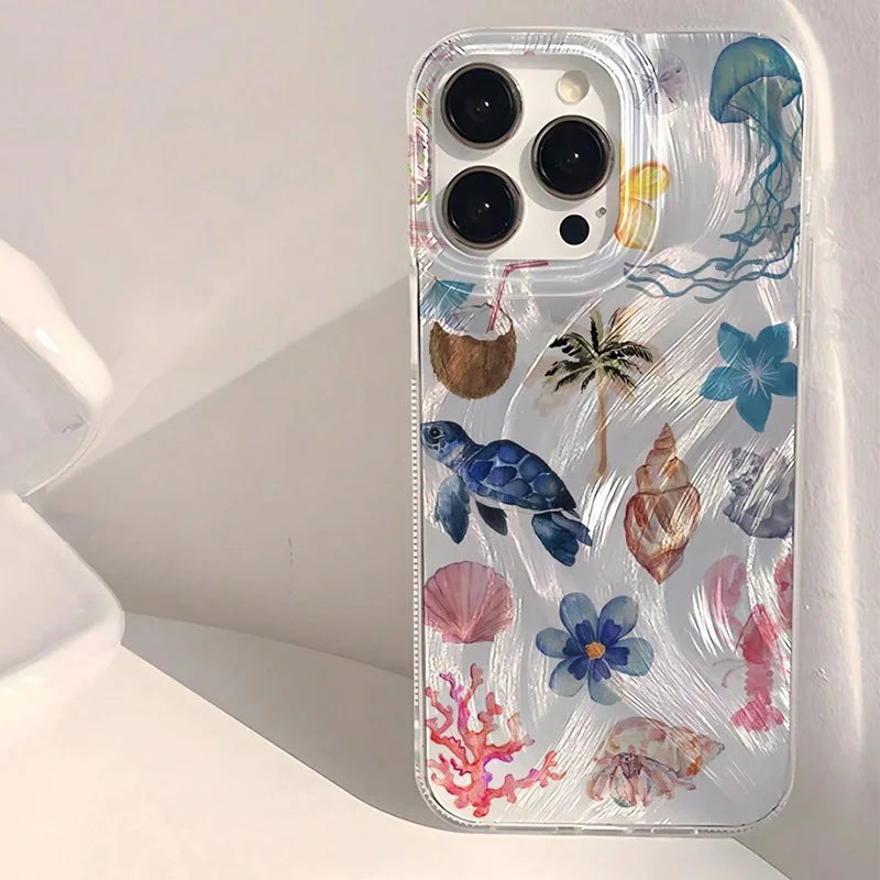 Ocean Elements Personalized Pattern Soft Phone Case For iPhone 16 Pro Max 16E 14 12 13 11 15 PRO Case X XR XS 7 8 Plus SE2 Cover - Caseverse