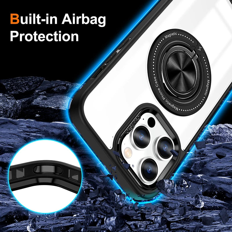 Metal Ring Magnetic Bracket Wireless Charging Phone Case for iPhone 16 15 14 Pro Max