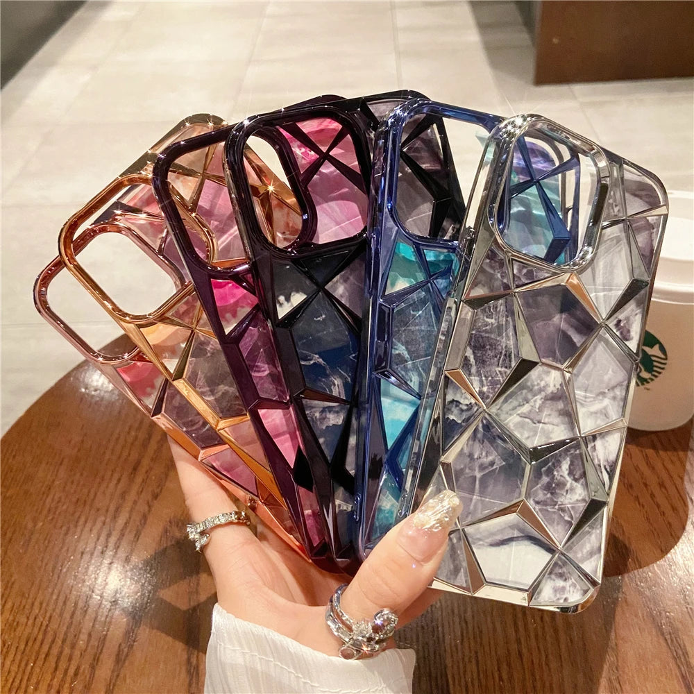 Plating Glitter Diamond Pattern Colorful Marble Phone Case For iPhone 15 13 11 12 14 Pro Max Soft Silicone Transparent Cover