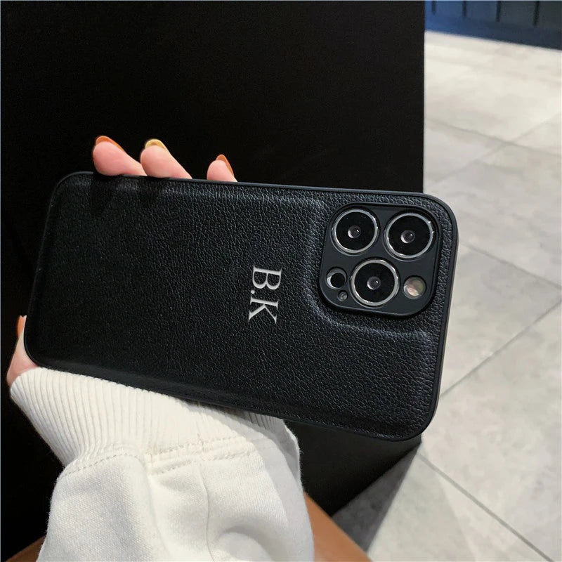 Personalized Case For iPhone 16 15 14 13 12 11 Pro Max Custom Name initials Leather Cover For iPhone 16 Pro Max Silver Letters - Caseverse