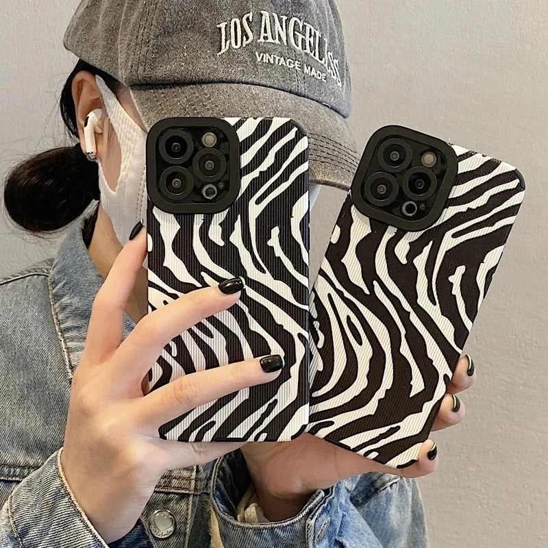 Fashion Zebra Stripes Silicone Case For iPhone 15 12 13 14 Plus 11 16 Pro Max Mini X XS XR 7 8 SE Soft Leather Shockproof Cover - Caseverse