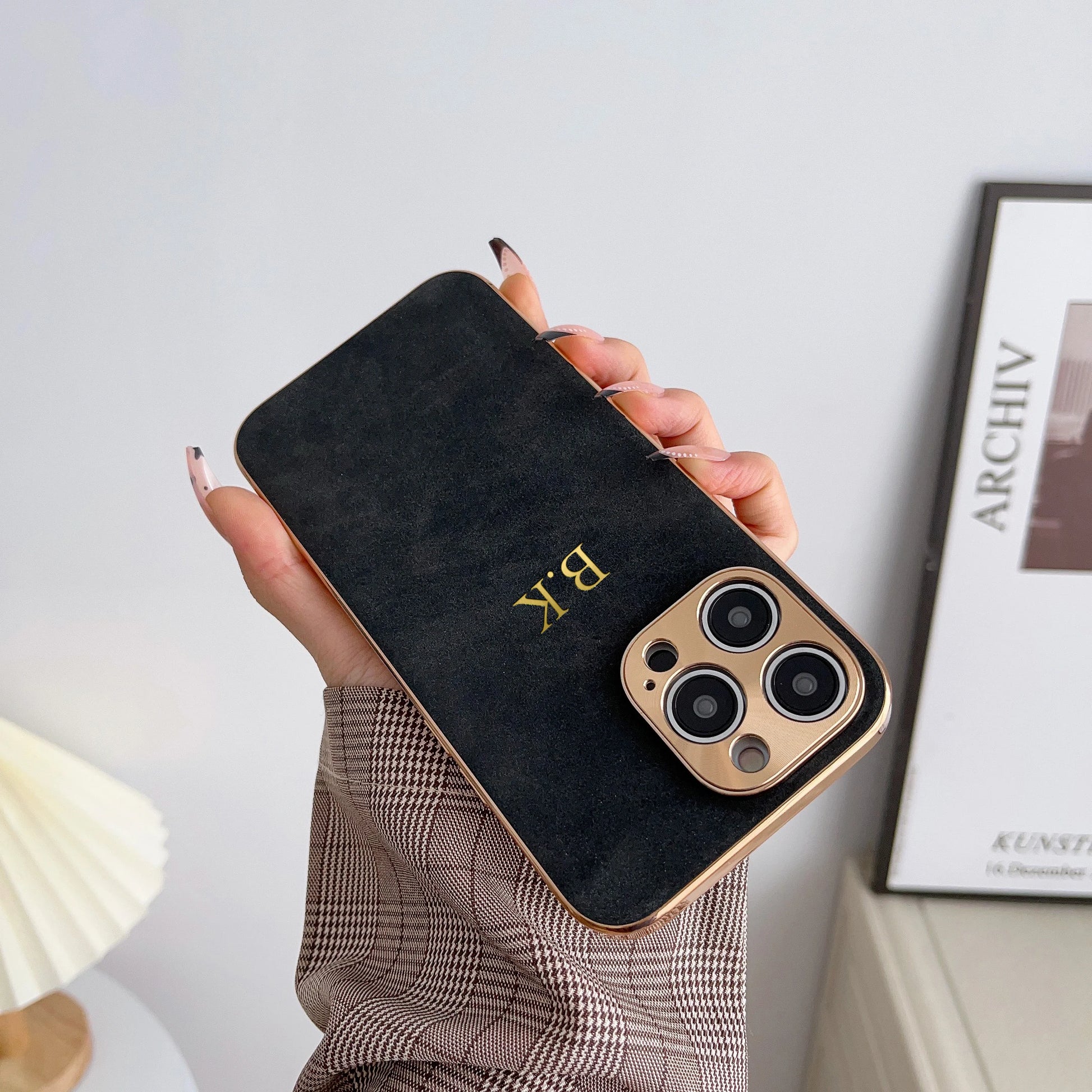 Leather Personalised Customized Name Case For Iphone 11 12 13 14 15 16 Pro Max Plating Frame Lambskin Initials Cover 16 11 15Pro - Caseverse