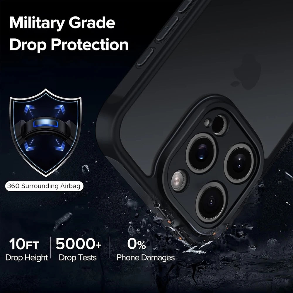 Military Grade Heavy Shockproof Case For iPhone 16 15 14 13 12 11 Pro Max Plus Transparent Black Matte Hybrid Hard PC Cover Soft - Caseverse