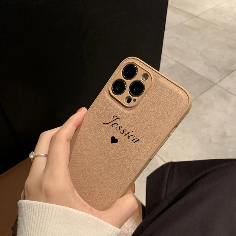 Personalized Customized Name Heart Phone Case for iPhone 16 15 14 13 Pro Max 12 11 X XS XR Design Leather Protective Back Cover - Caseverse