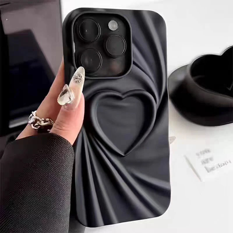 Fashion Fold Wrinkle 3D Love Heart Phone Case For iPhone 13 14 15 Pro Max 16 Plus 11 12 ProMax Soft Matte Silicone Full Cover - Caseverse