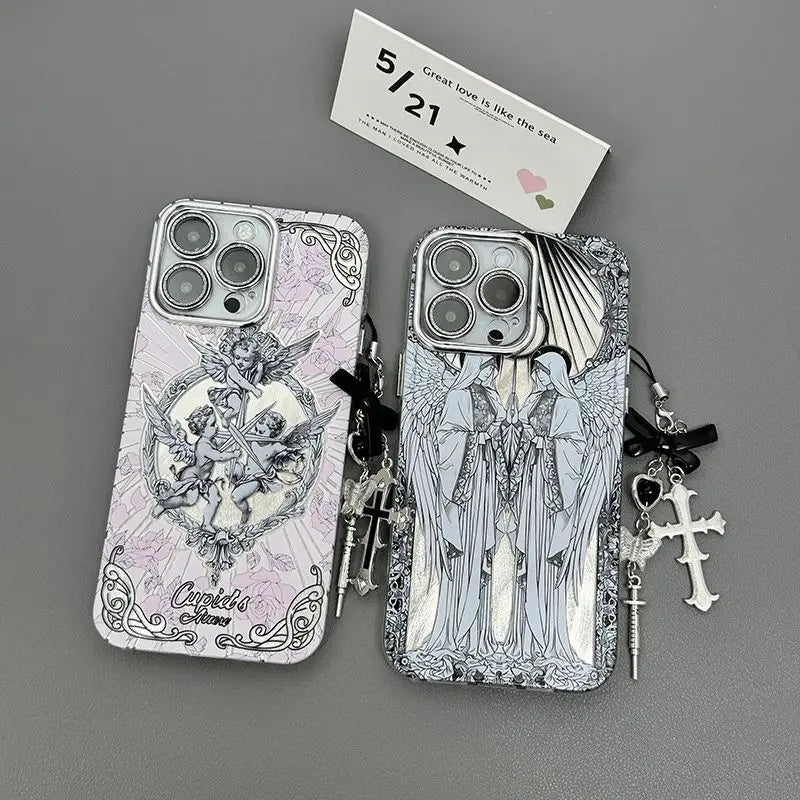 Middle Ages Retro Cupid Angel Phone Case for iPhone 16 15 14 Plus 13 12 11 Pro Max X Xs XR 8 7 Feather Texture Hard Cover - Caseverse