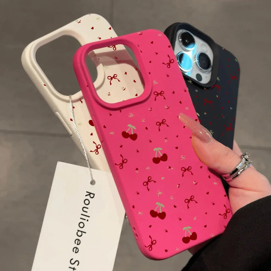 For iPhone 16 15 14 13 12 11 Pro Max Case Cherry Bow Lichee Pattern Silicone Phone Cover For iPhone XS Max 14 15 16 Plus Fundas - Caseverse