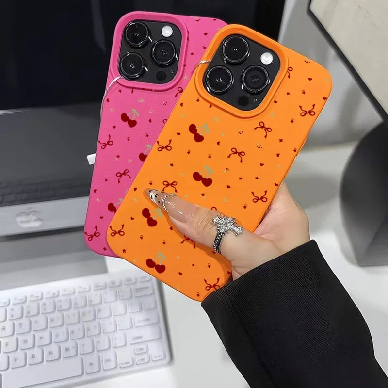 For iPhone 16 15 14 13 12 11 Pro Max Case Cherry Bow Lichee Pattern Silicone Phone Cover For iPhone XS Max 14 15 16 Plus Fundas - Caseverse