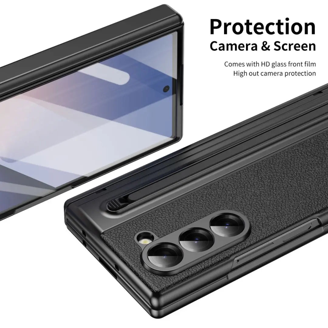 For Galaxy Fold6 S Pen Leather Phone Case Hinge Protection & Built-in Screen Protector Leather Phone Cover for Fold5 Fold4 Black - Caseverse
