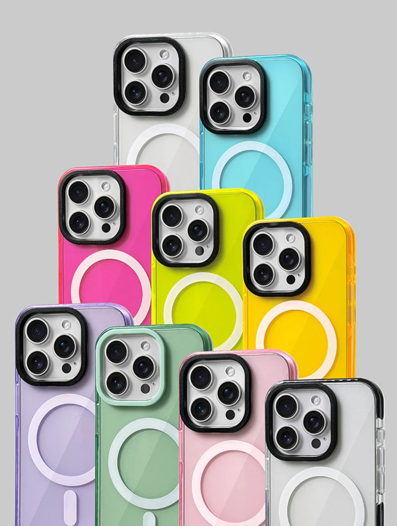Transparent Neon Color MagSafe Phone Case for iPhone 16 15 Pro Max 14Pro 13 14 12 Wireless Charging Soft Silicone Bumper Cover - Caseverse