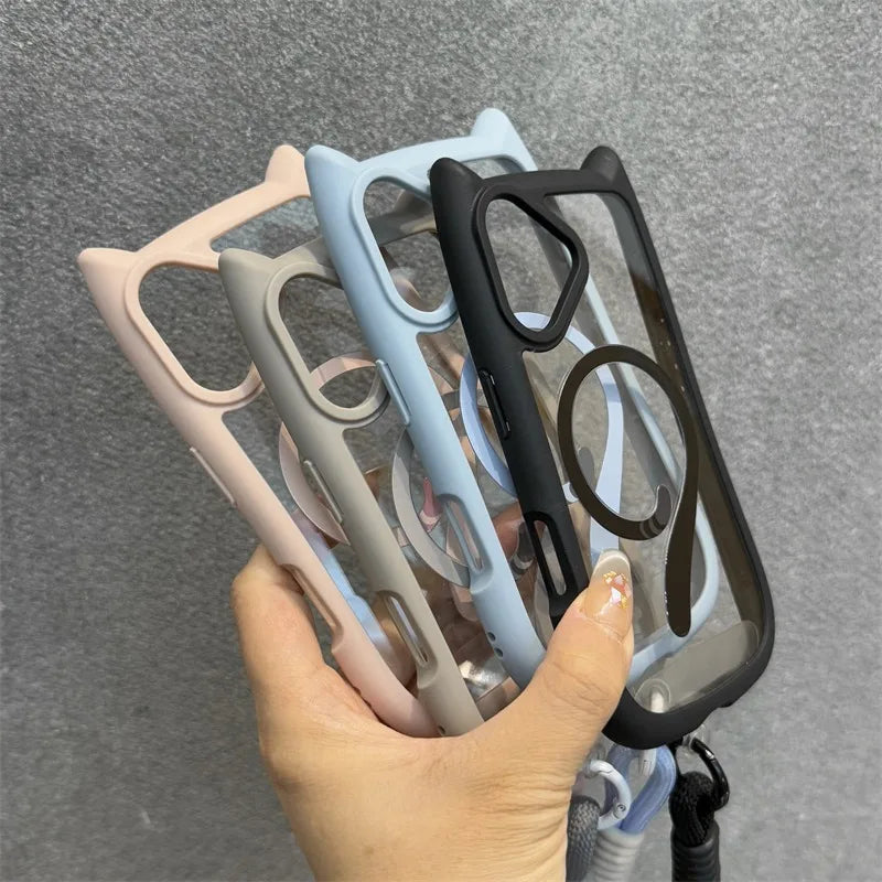 Cute Cat Ear Magsafe Case for iPhone 13 14 15 16 Pro Max 11 12 15 16 Plus Transparent PC TPU Armor Cover with Wrist Strap Chain - Caseverse