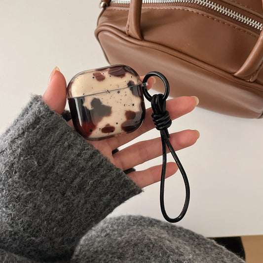 Transparent Black Brown Cow Pattern Splash Ink + Rope Suitable for Apple for Airpodspro2 Case/For Airpodspro Case/For Airpods4 Case/For Airpods3 Case/For Airpods2 Case Simple Earphone Case