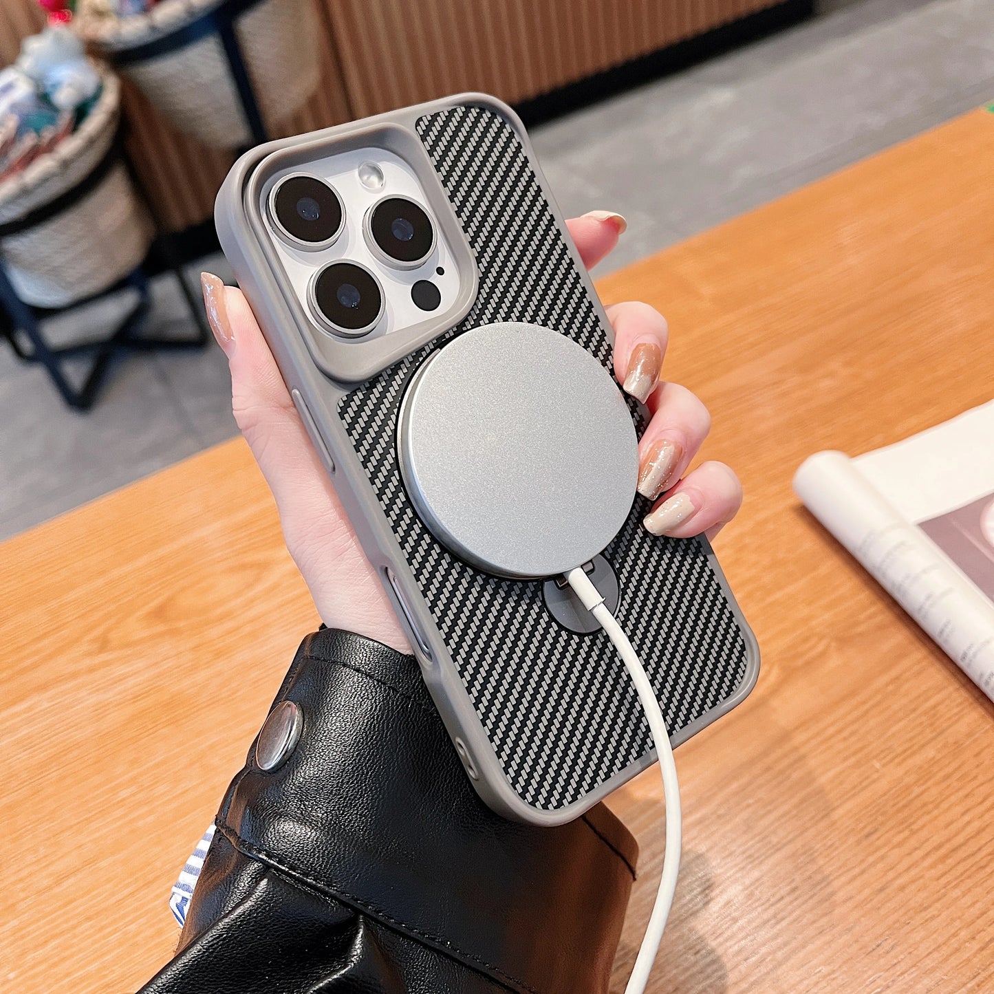 Luxury Soft Rubber Frame Magsafe Phone Case For iPhone 13 15 12 14 16 Pro Max Metal Bracket Carbon Fiber Textured Backplate Case