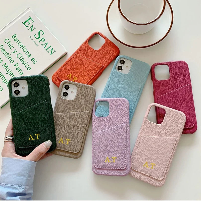 Personalized Phone Case with Card Holder Custom Initials Protective Cover iPhone16Promax 11 12 13 14 15Pro Max XS XR Mini - Caseverse