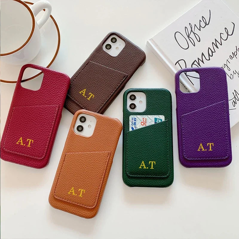 Personalized Phone Case with Card Holder Custom Initials Protective Cover iPhone16Promax 11 12 13 14 15Pro Max XS XR Mini - Caseverse
