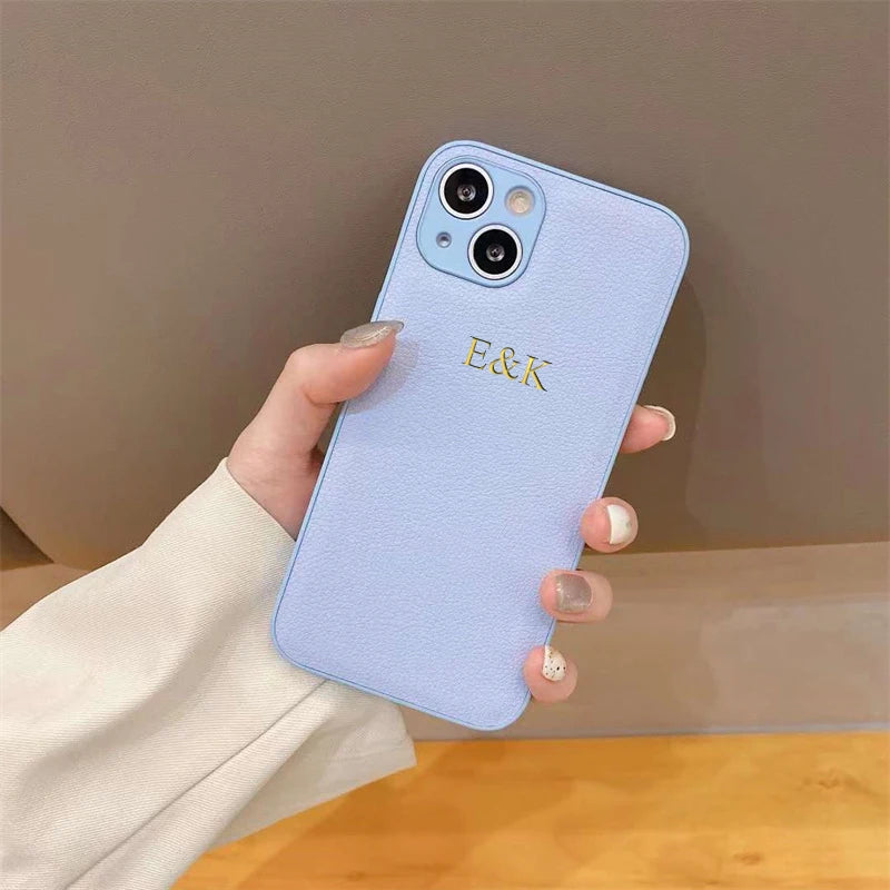 Customized Phone Case For iPhone 16 15 14 13 12 11 Pro Max Plus Personalized Name Initials Letters Luxury Leather DIY Cover 16 - Caseverse