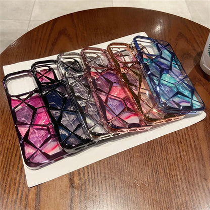 Plating Glitter Diamond Pattern Colorful Marble Phone Case For iPhone 15 13 11 12 14 Pro Max Soft Silicone Transparent Cover