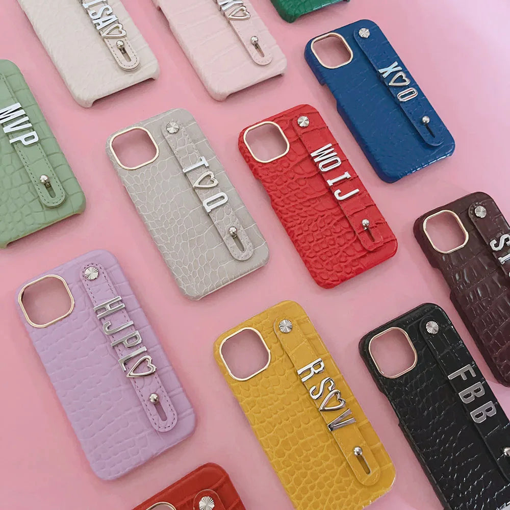 Luxury Custom Personalised Name Silver Metal Letter Charm Leather Phone Cases For Iphone 14 13 12 11 15 Pro Max 16 pro max Cover