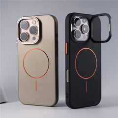 Stylish Camera Lens Holder Magnetic Magsafe Phone Case for IPhone 16 15 14 Pro Max Wireless Charging Matte Shockproof Hard Cover