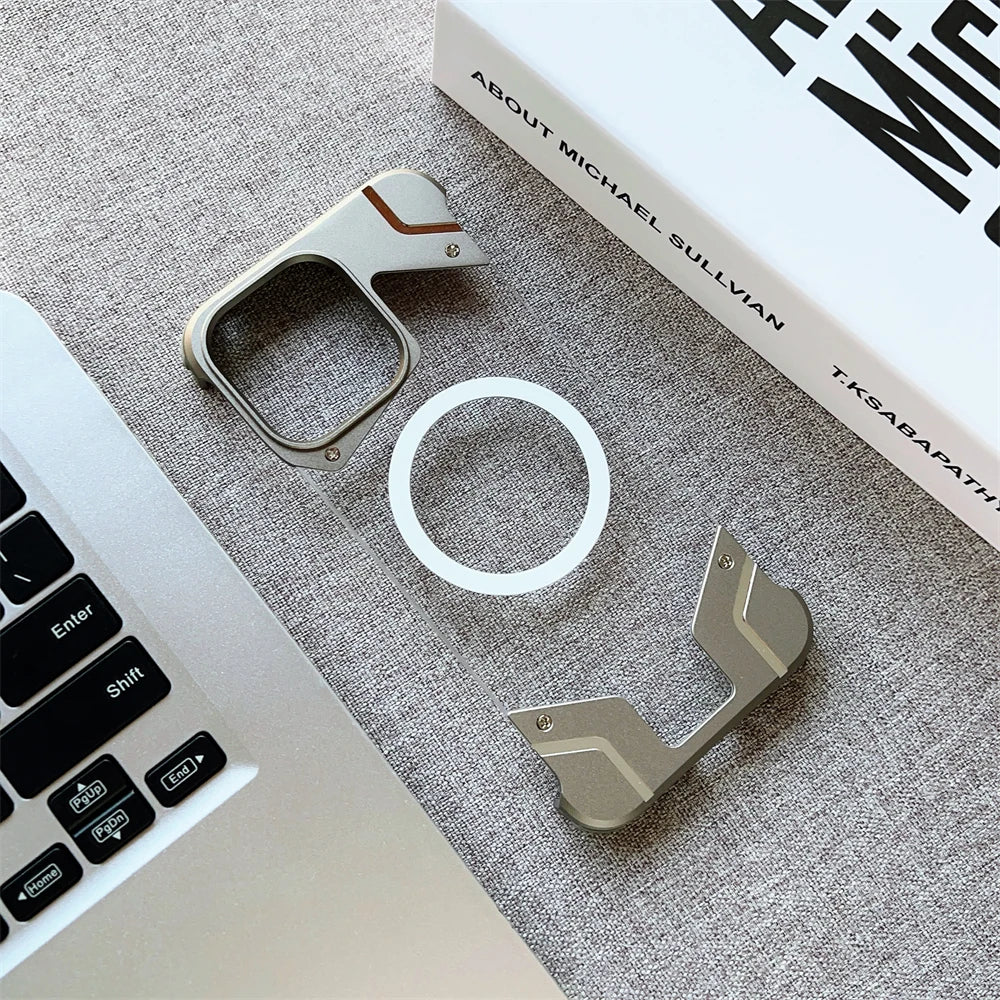 Magnetic Titanium Metal Transparent No Frame Phone Case For iPhone 16 Pro Max 16  Plus For Magsafe Aluminum Bumper Armor Cover
