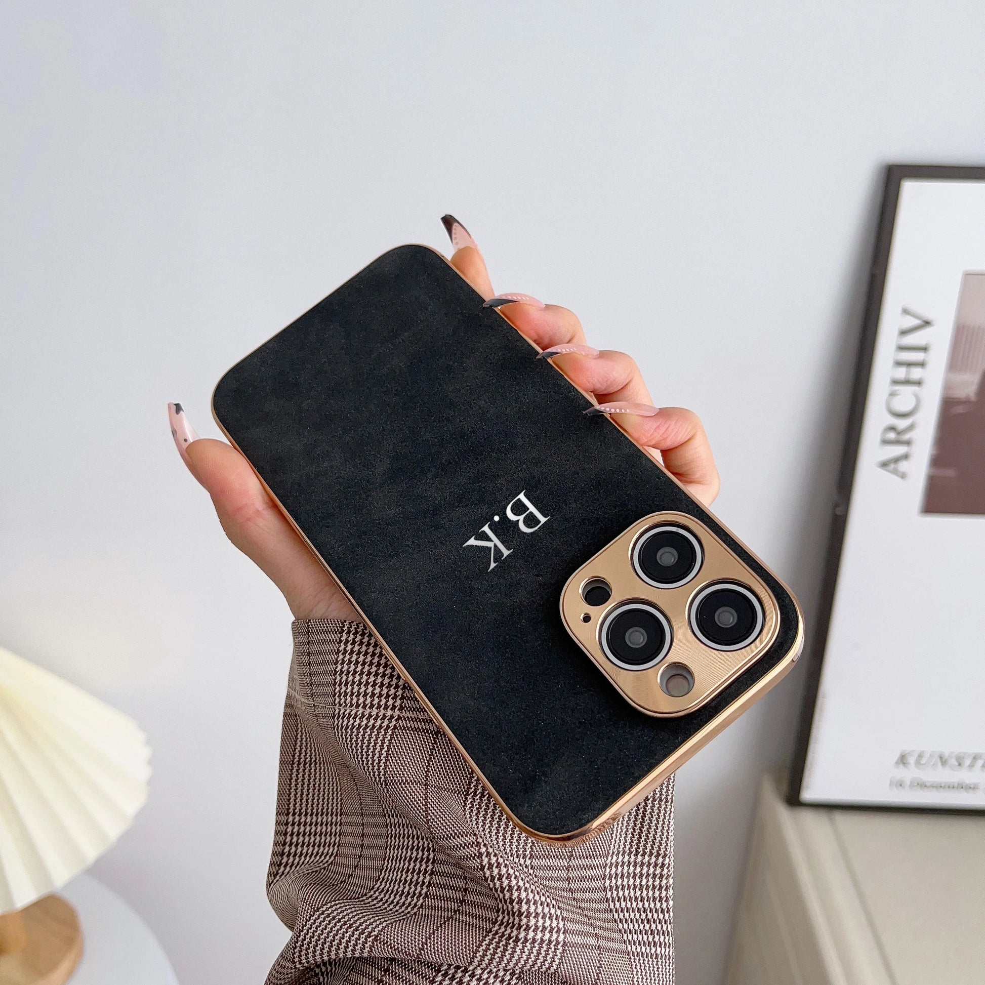 Leather Personalised Customized Name Case For Iphone 11 12 13 14 15 16 Pro Max Plating Frame Lambskin Initials Cover 16 11 15Pro - Caseverse