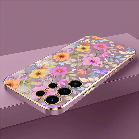 S24 Plus Luxury Plating Phone Case For Samsung Galaxy S24 Ultra S24 5G A25 A24 A15 Shockproof Flowers Pattern Back Cover Coque