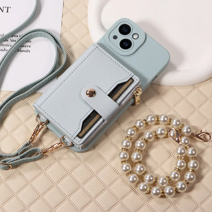 Stylish Mirror Zipper and Pearl Cord Phone Case for IPhone13promax 12mini 11promax 7 Crossbody Fall-proof Faux Leather Cover