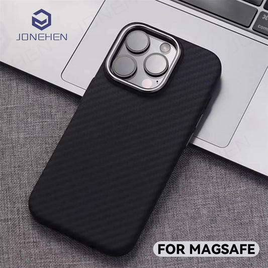 Luxury Alloy Lens 3D Relief Black Carbon Fibre Pattern Case For iPhone 13 14 15 16 Pro Max Slim Shockproof PC Cover For Magsafe