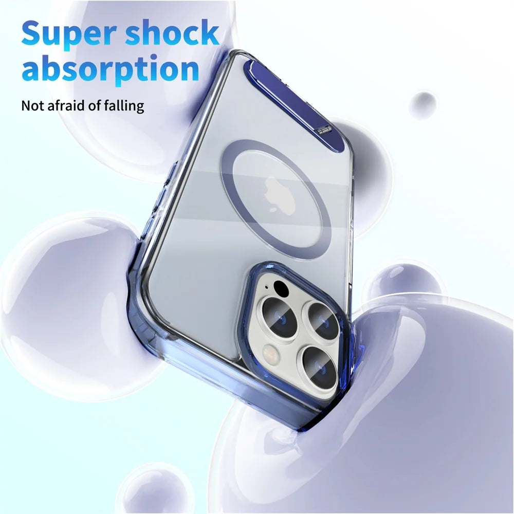 Luxury Metal Stand Clear Magnetic Phone Case For iPhone 16 13 14 15 Pro Max Folding Invisible Bracket Shockproof Protector Cover