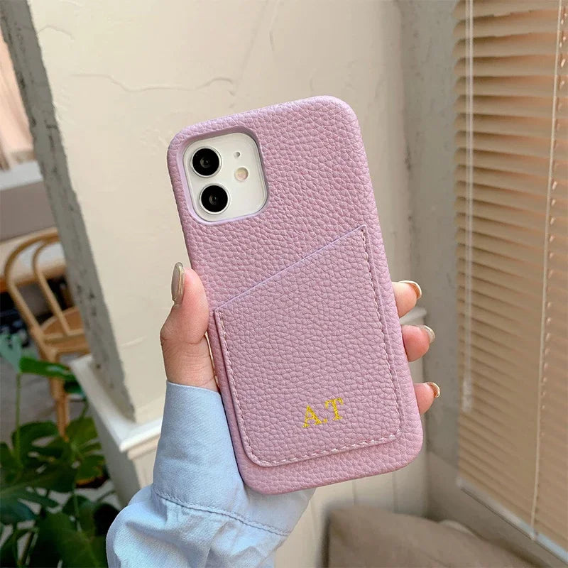 Personalized Phone Case with Card Holder Custom Initials Protective Cover iPhone16Promax 11 12 13 14 15Pro Max XS XR Mini - Caseverse