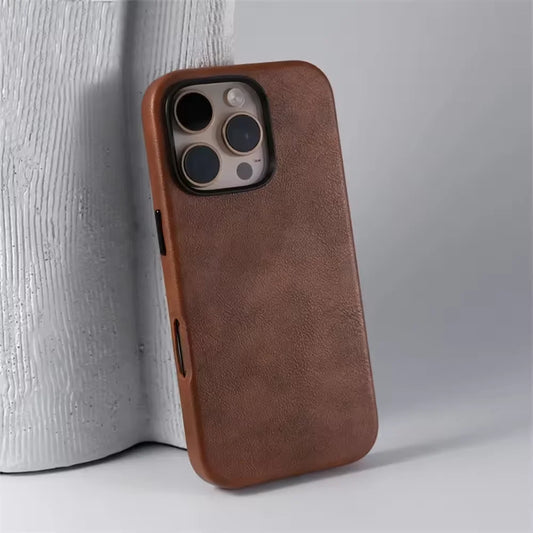 Luxury Business Vintage Leather Magnetic Phone Case for IPhone 16 Plus 15 14 13 12 Pro Max Metal Camera Frame Shockproof Cover
