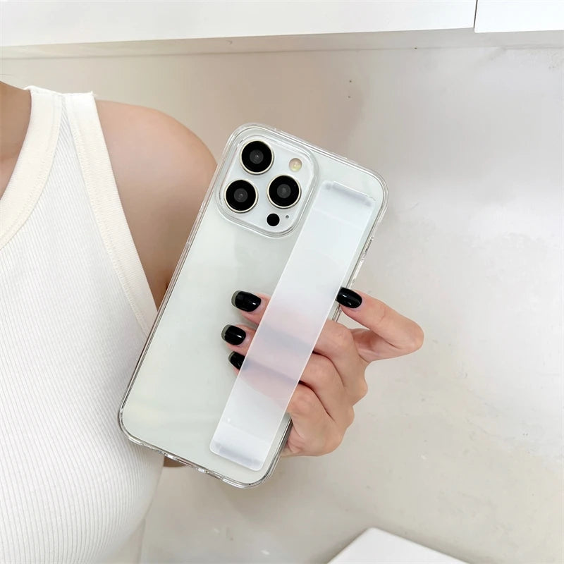 Luxury Solid Stretch Silicone Wrist Strap Case For iphone 11 12 13 14 15 Pro Max Plus UltraThin Matte Shockproof Hard Back Cover - Caseverse