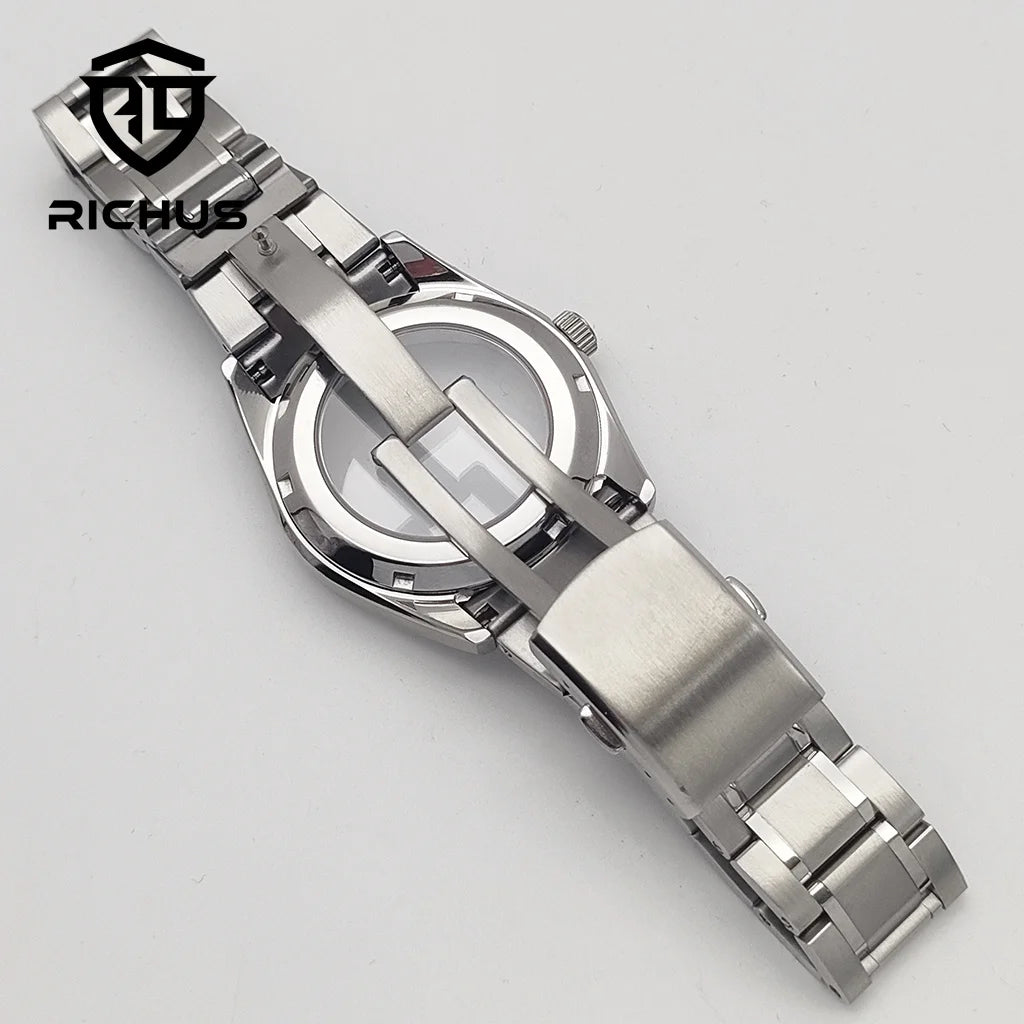 RICHUS NH35 Watch case 40mm silver watch case sapphire glass with strap Fit NH34 NH35 NH36 Movement