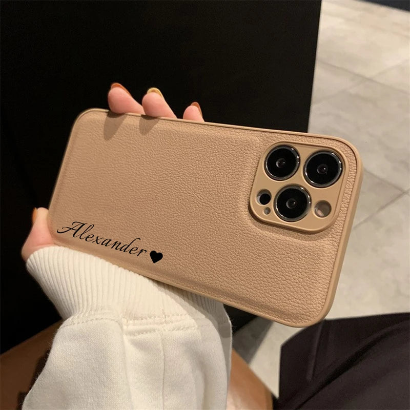 Personalized Customized Name Heart Phone Case for iPhone 16 15 14 13 Pro Max 12 11 X XS XR Design Leather Protective Back Cover - Caseverse