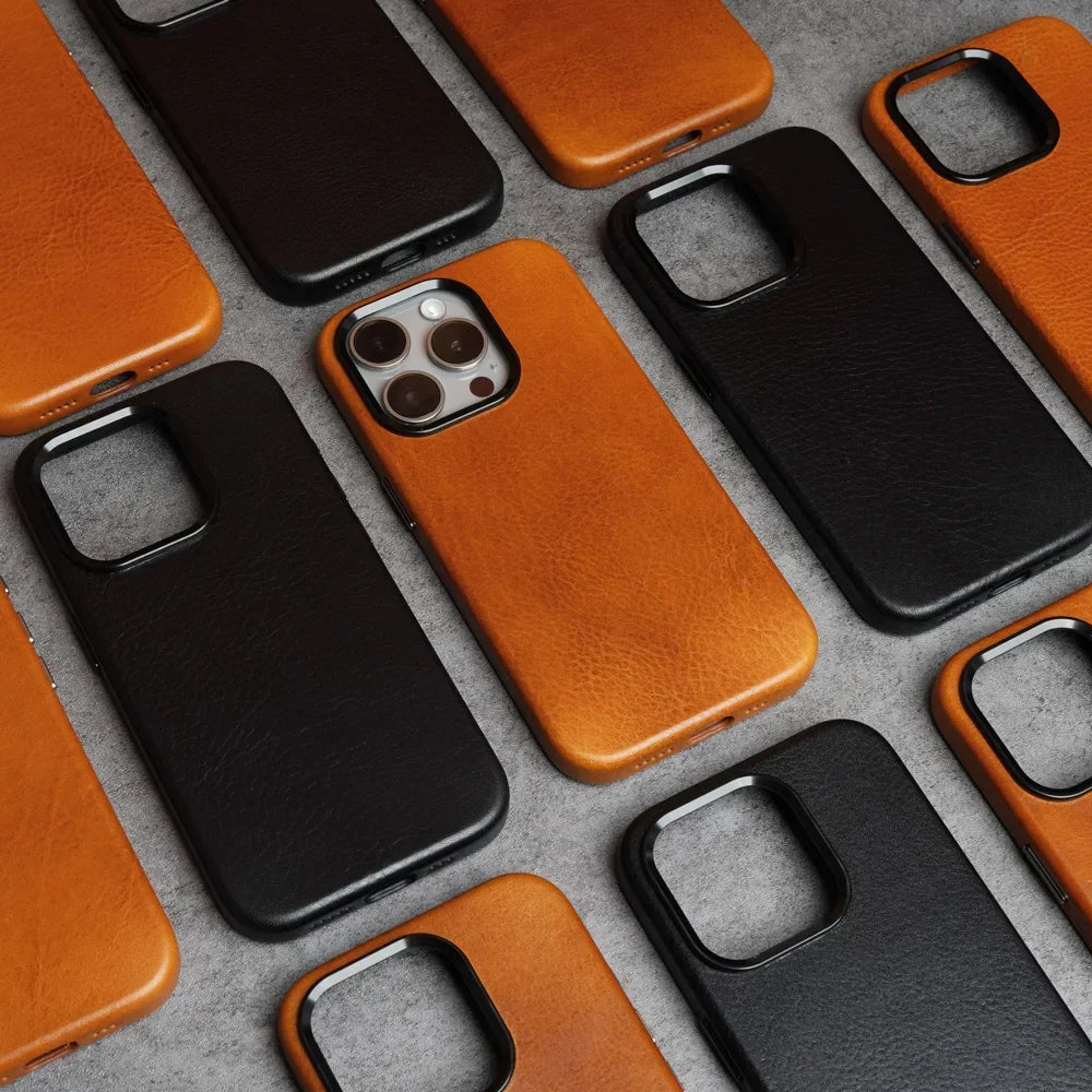 YMW Magnetic Genuine Leather Case for iPhone 16 Pro Max 15 14 Personality Cowhide Magnetic Phone Cover - Caseverse