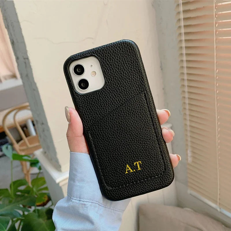 Personalized Phone Case with Card Holder Custom Initials Protective Cover iPhone16Promax 11 12 13 14 15Pro Max XS XR Mini - Caseverse