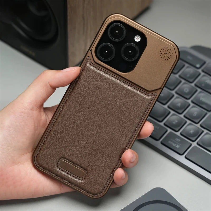 Aluminum Alloy Leather Magnetic Phone Case For iPhone 16 16pro 15 14 Pro Max Wireless Charging Metal Frameless Shockproof Cover