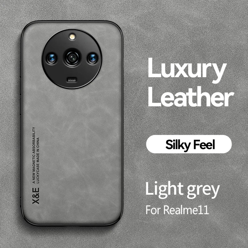 For Realme 11 Pro Plus Case Luxury Leather With Metal Plate Phone Cases For Realme 11 11Pro+ 5G Car Magnetic Holder Back Cover - Caseverse