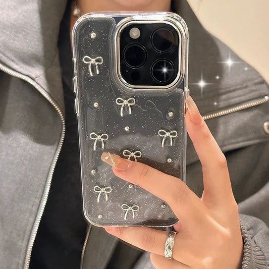 INS Japan Korea Silver Bowknot Phone Case For iPhone 15 16 14 13 12 11 Pro Max X XS XR 7 8 Plus Girl Epoxy Clear Glitter Cover