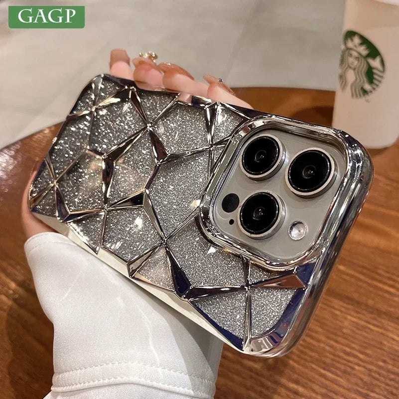 Luxury Girl's Phone Case for iPhone 15 14 13 12 11 Pro Max Plus Glitter Bling 3D Cube Diamond Marble Soft TPU Shockproof Cover - Caseverse
