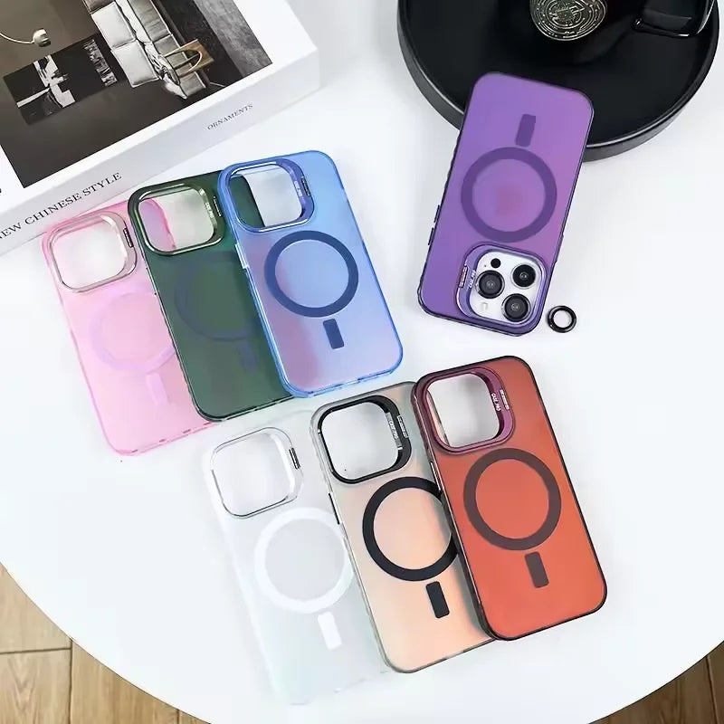Gradient Metal Lens Holder Magsafe Phone Case for IPhone 16 15 14 Plus 13 12 Pro Max Back Lens Glass Film Matte PC Hard Cover